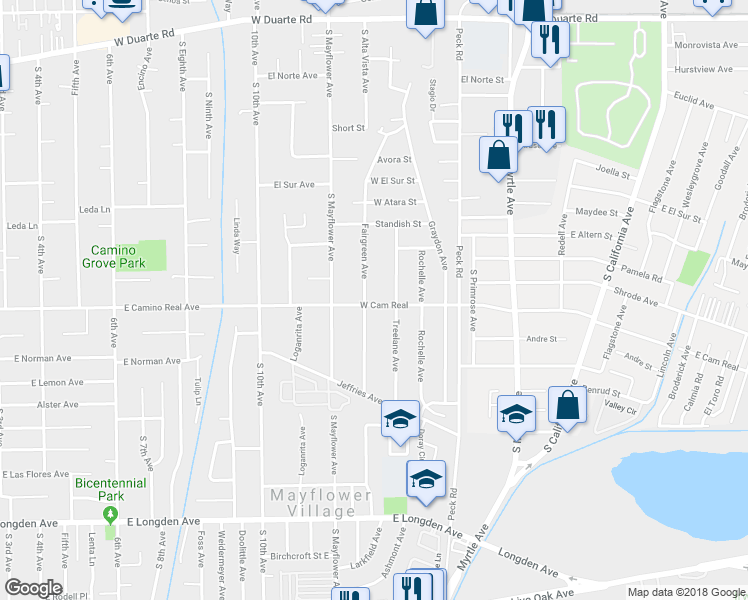 map of restaurants, bars, coffee shops, grocery stores, and more near 2403 Fairgreen Avenue in Monrovia