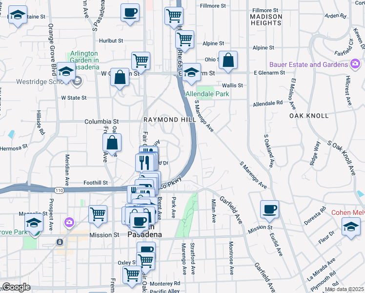 map of restaurants, bars, coffee shops, grocery stores, and more near 1600 Amberwood Drive in South Pasadena
