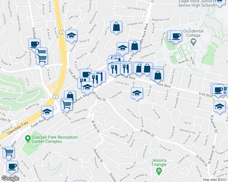 map of restaurants, bars, coffee shops, grocery stores, and more near 4343 Toland Way in Los Angeles