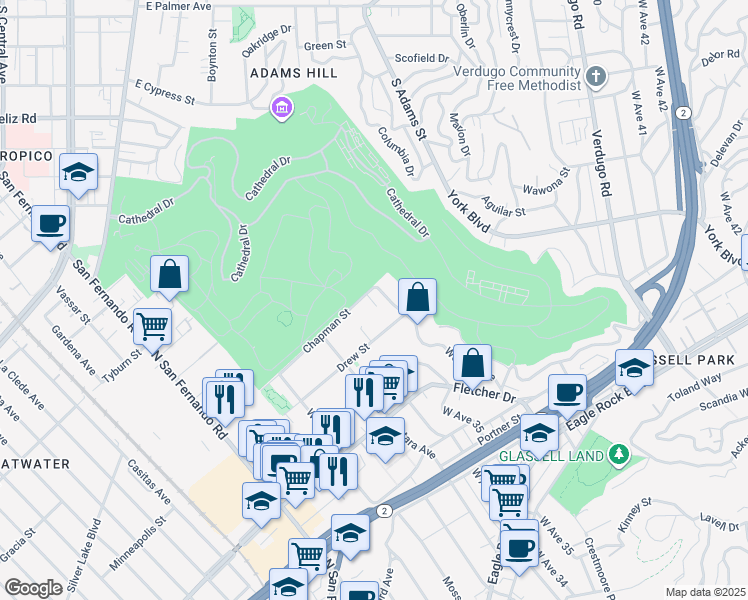 map of restaurants, bars, coffee shops, grocery stores, and more near 3412 Chapman Street in Los Angeles