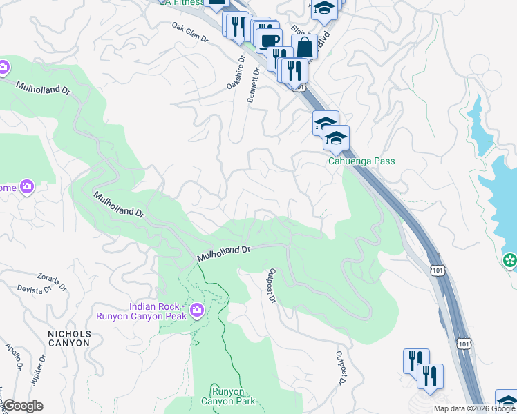 map of restaurants, bars, coffee shops, grocery stores, and more near 2849 Pacific View Trail in Los Angeles