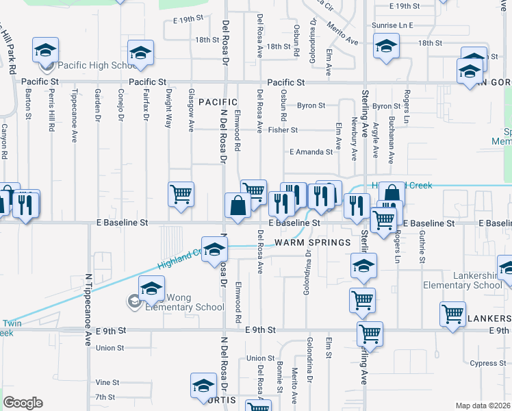 map of restaurants, bars, coffee shops, grocery stores, and more near 7250 Del Rosa Avenue in San Bernardino