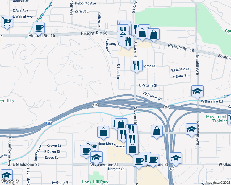 map of restaurants, bars, coffee shops, grocery stores, and more near 1824 Deserta Drive in Glendora