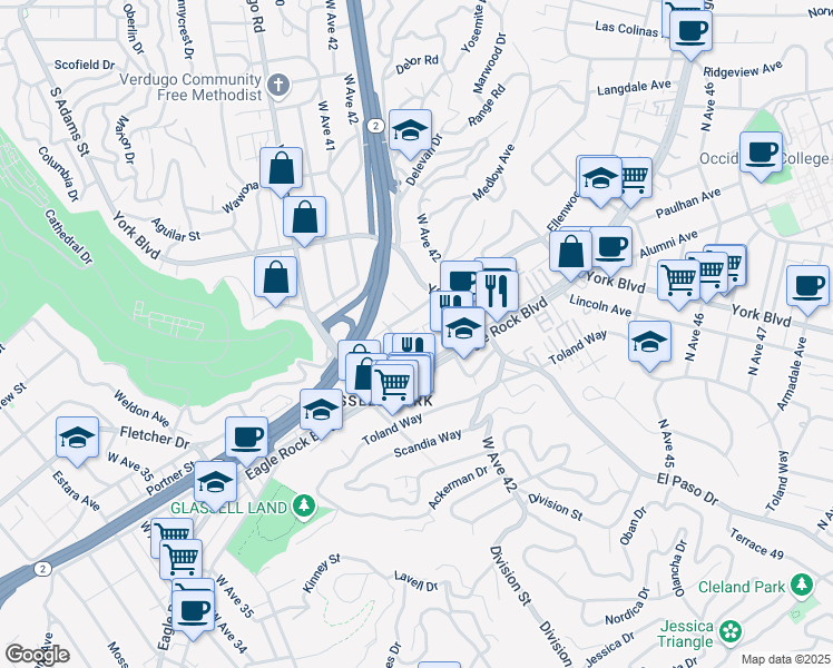 map of restaurants, bars, coffee shops, grocery stores, and more near 4120 Manor Court in Los Angeles