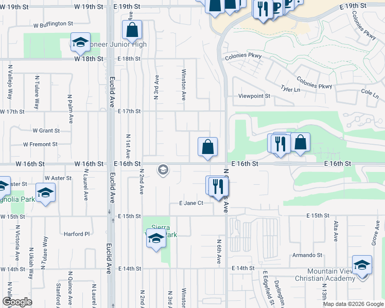 map of restaurants, bars, coffee shops, grocery stores, and more near 1618 Winston Way in Upland