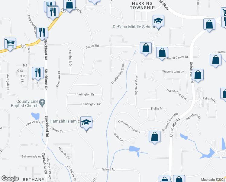 map of restaurants, bars, coffee shops, grocery stores, and more near 2940 Chadbourne Trail in Alpharetta