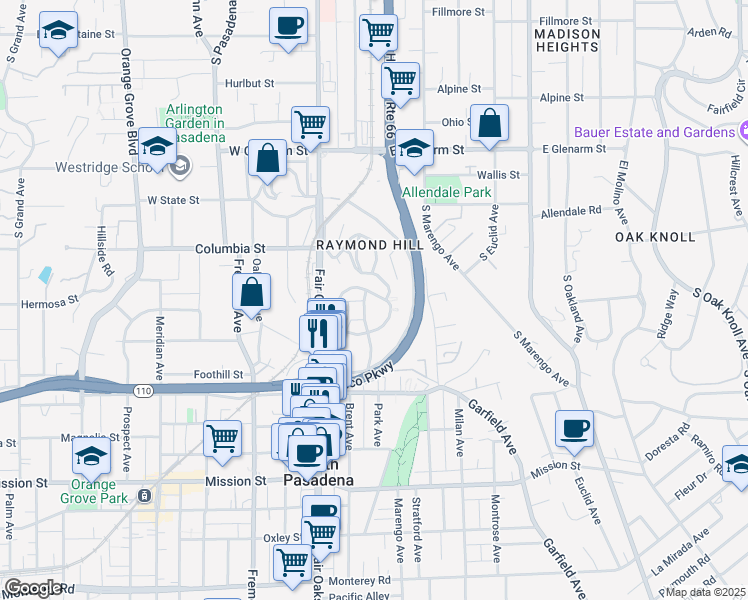 map of restaurants, bars, coffee shops, grocery stores, and more near 1600 Amberwood Drive in South Pasadena