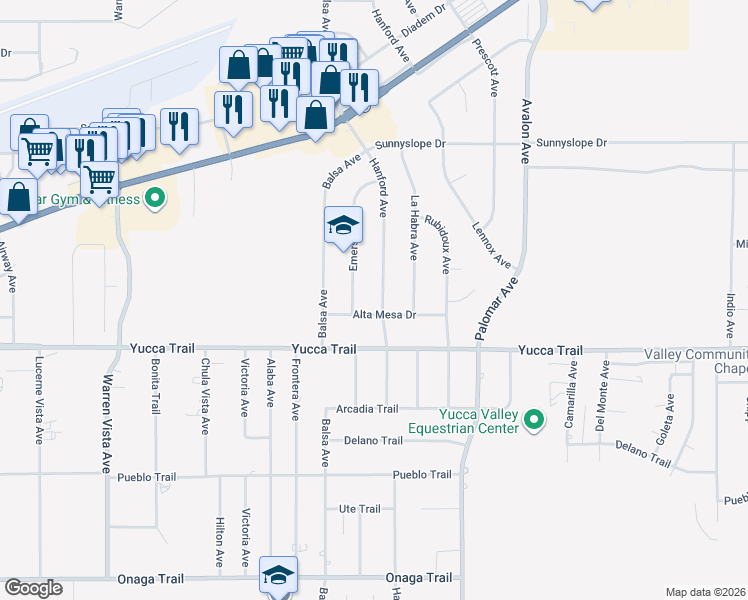 map of restaurants, bars, coffee shops, grocery stores, and more near 7220 Hanford Avenue in Yucca Valley