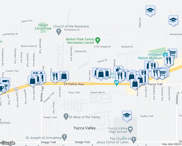 map of restaurants, bars, coffee shops, grocery stores, and more near 56505 Antelope Trail in Yucca Valley
