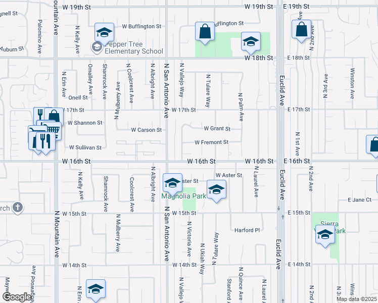 map of restaurants, bars, coffee shops, grocery stores, and more near 1613 North Tulare Way in Upland