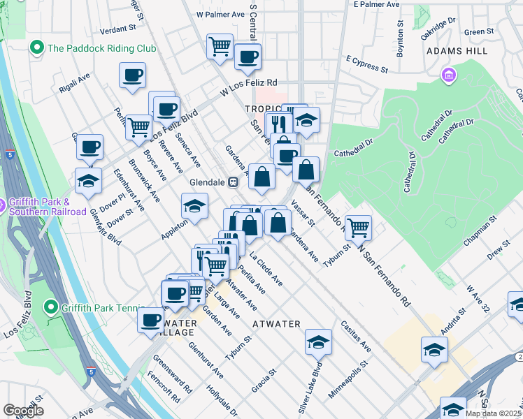 map of restaurants, bars, coffee shops, grocery stores, and more near 1761 Gardena Avenue in Glendale