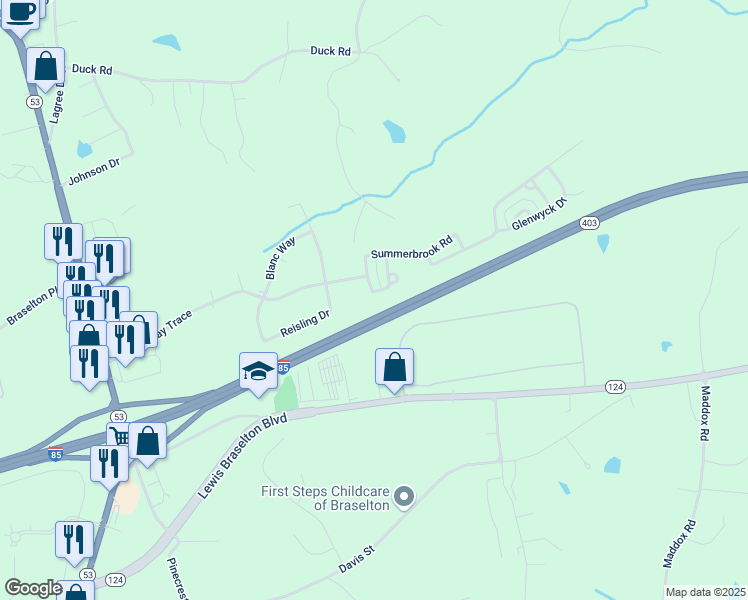 map of restaurants, bars, coffee shops, grocery stores, and more near 224 Brookstone Trail in Braselton