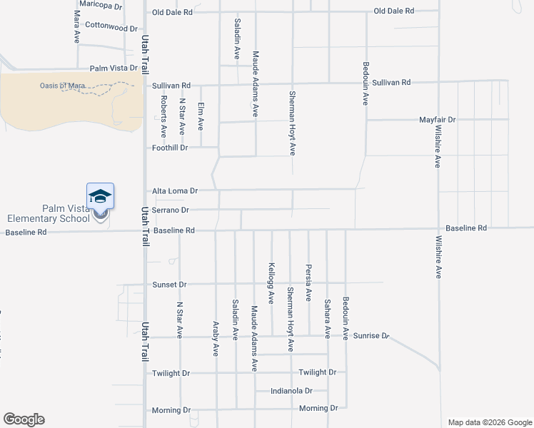 map of restaurants, bars, coffee shops, grocery stores, and more near 74835 Serrano Drive in Twentynine Palms