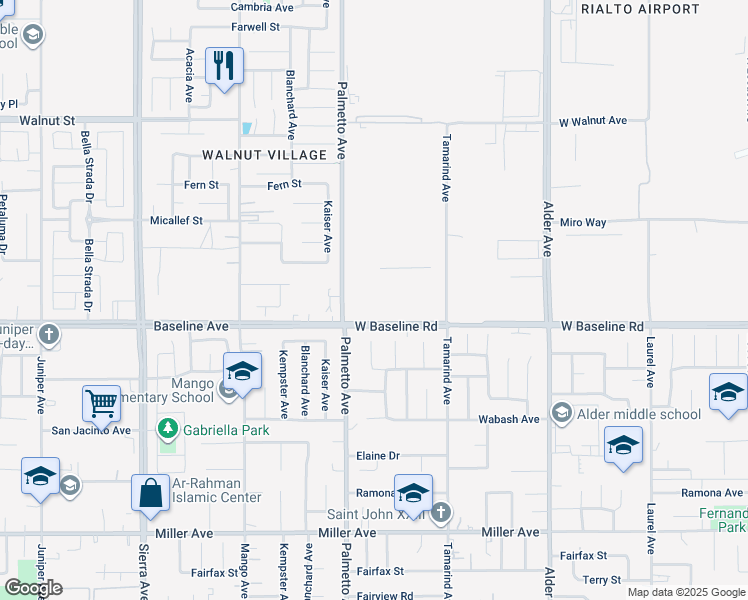 map of restaurants, bars, coffee shops, grocery stores, and more near 2646 West Baseline Road in Rialto