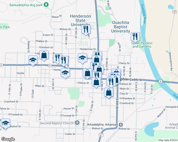 map of restaurants, bars, coffee shops, grocery stores, and more near 1035 Pine Street in Arkadelphia