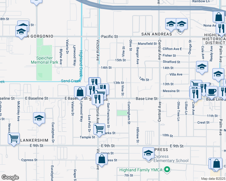 map of restaurants, bars, coffee shops, grocery stores, and more near 26583 Francisco Court in Highland