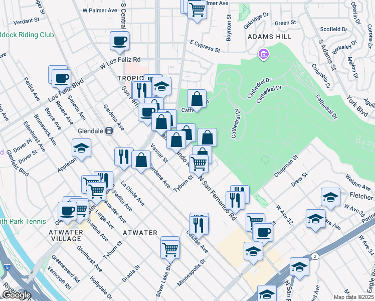 map of restaurants, bars, coffee shops, grocery stores, and more near 3636 San Fernando Road in Glendale