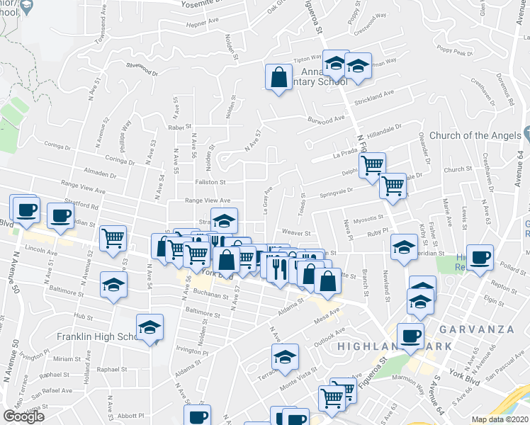 map of restaurants, bars, coffee shops, grocery stores, and more near Le Gray Avenue in Los Angeles