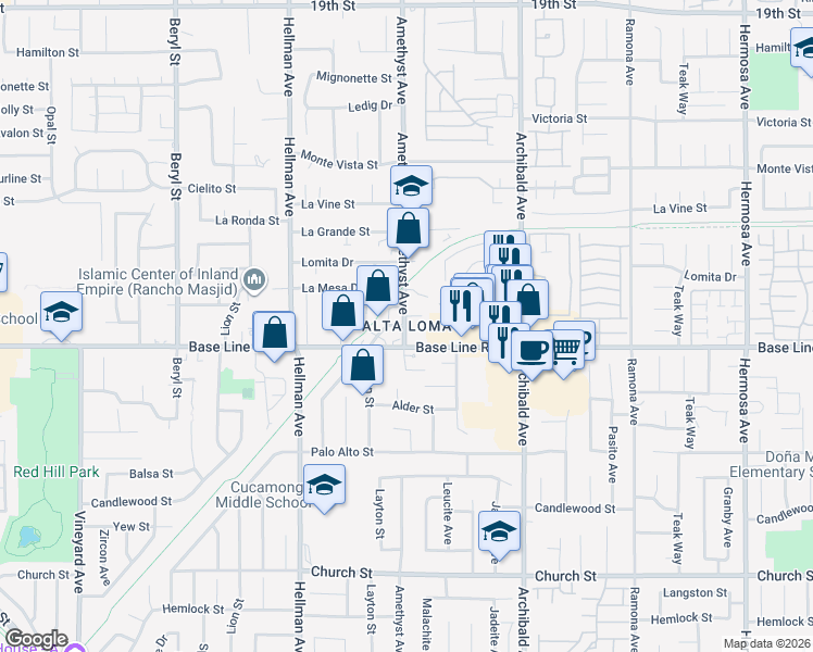 map of restaurants, bars, coffee shops, grocery stores, and more near 9611 Monte Vista Street in Rancho Cucamonga