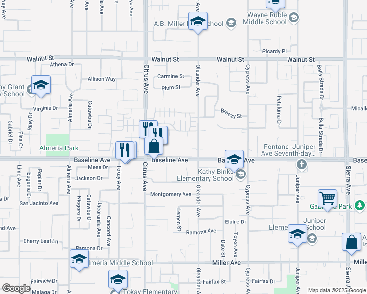 map of restaurants, bars, coffee shops, grocery stores, and more near 16252 Baseline Avenue in Fontana