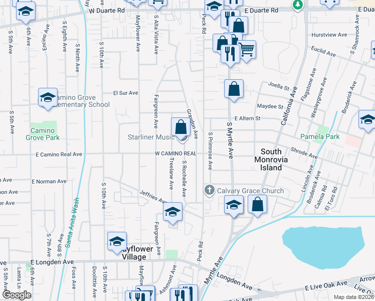 map of restaurants, bars, coffee shops, grocery stores, and more near 2402 Rochelle Avenue in Monrovia