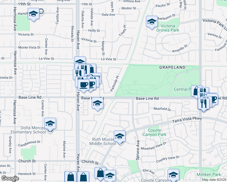 map of restaurants, bars, coffee shops, grocery stores, and more near 7265 Parkside Place in Rancho Cucamonga