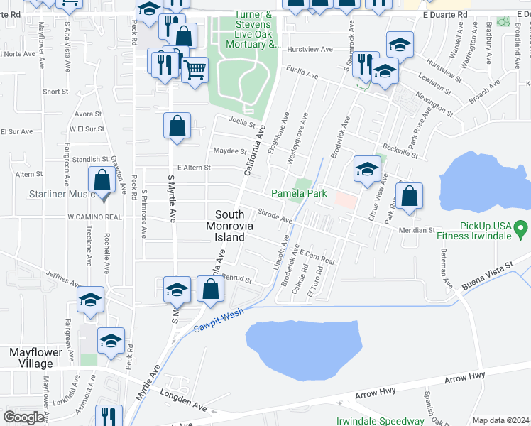 map of restaurants, bars, coffee shops, grocery stores, and more near Shrode Avenue in Irwindale
