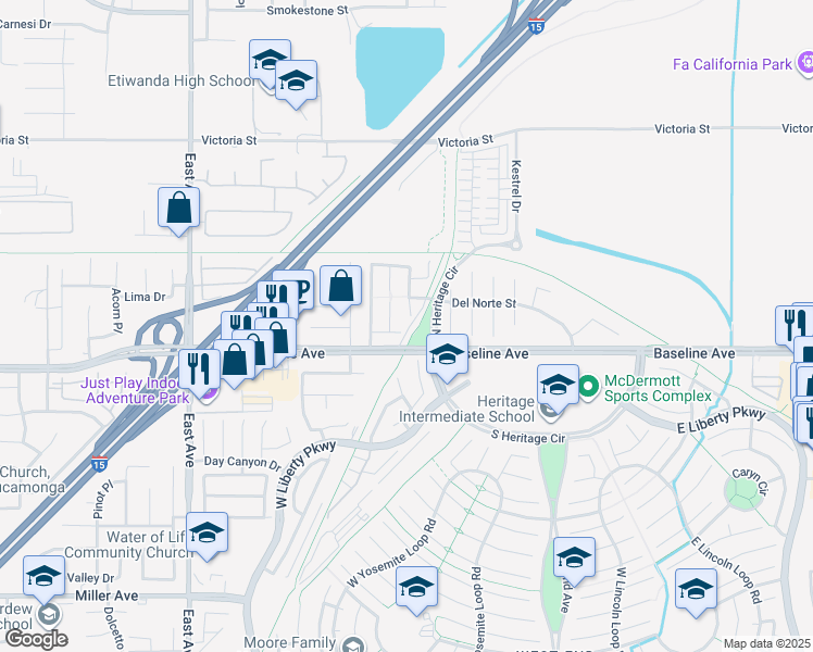 map of restaurants, bars, coffee shops, grocery stores, and more near 13772 Sharon Court in Fontana