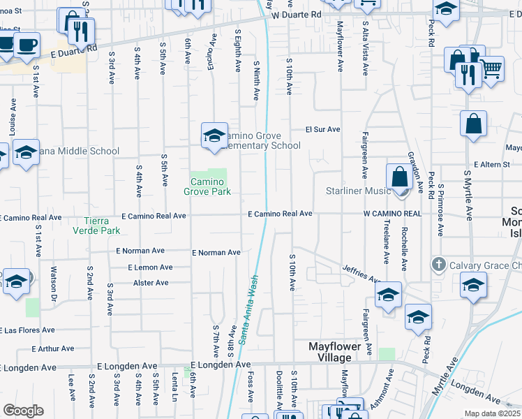 map of restaurants, bars, coffee shops, grocery stores, and more near 829 East Camino Real Avenue in Arcadia