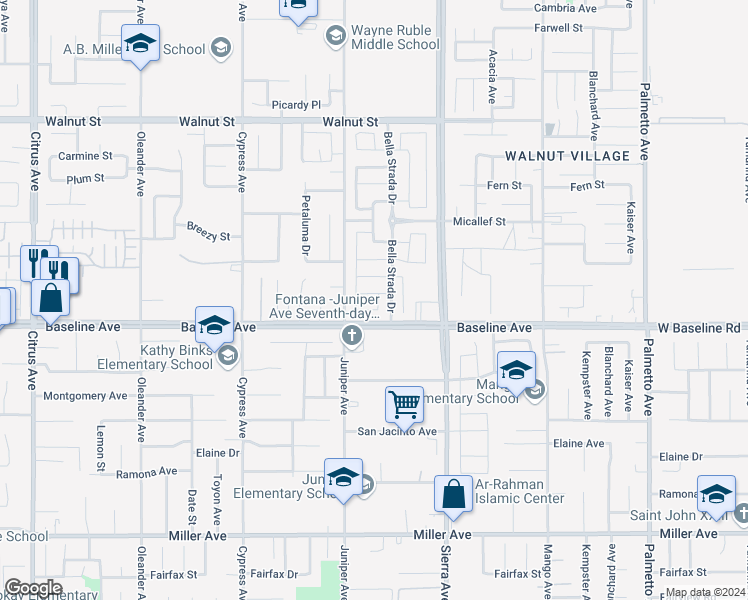 map of restaurants, bars, coffee shops, grocery stores, and more near 16759 Yellow Fern Lane in Fontana