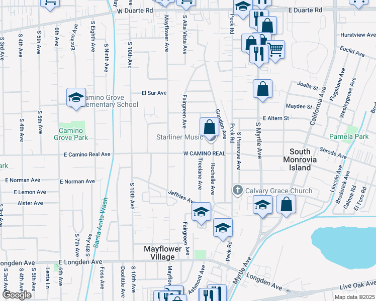 map of restaurants, bars, coffee shops, grocery stores, and more near 2346 Fairgreen Avenue in Monrovia