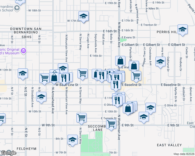 map of restaurants, bars, coffee shops, grocery stores, and more near 1235 Sepulveda Avenue in San Bernardino