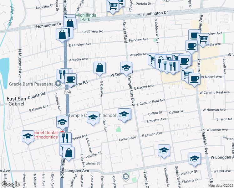 map of restaurants, bars, coffee shops, grocery stores, and more near 6740 Brentmead Avenue in Arcadia