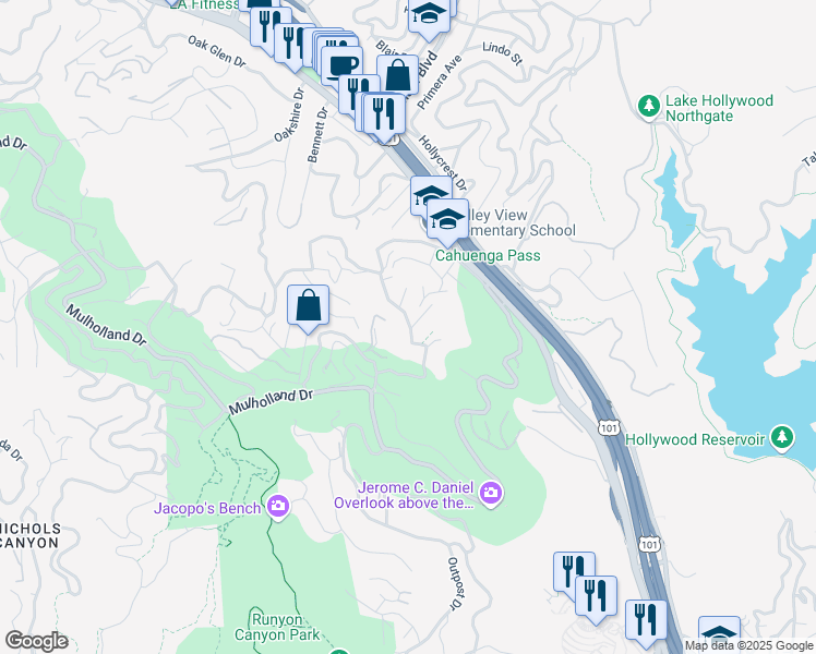 map of restaurants, bars, coffee shops, grocery stores, and more near 6871 Pacific View Drive in Los Angeles