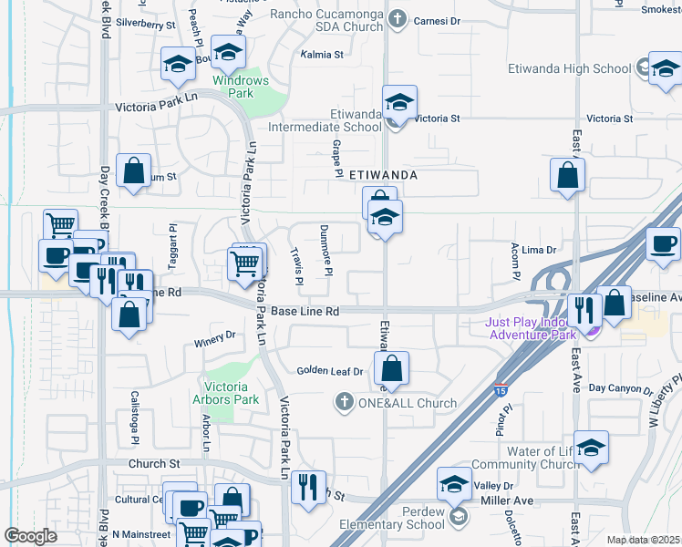 map of restaurants, bars, coffee shops, grocery stores, and more near 7240 Pioneer Place in Rancho Cucamonga