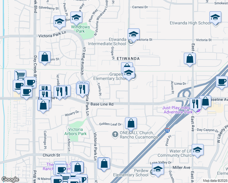 map of restaurants, bars, coffee shops, grocery stores, and more near 7240 Pioneer Place in Rancho Cucamonga