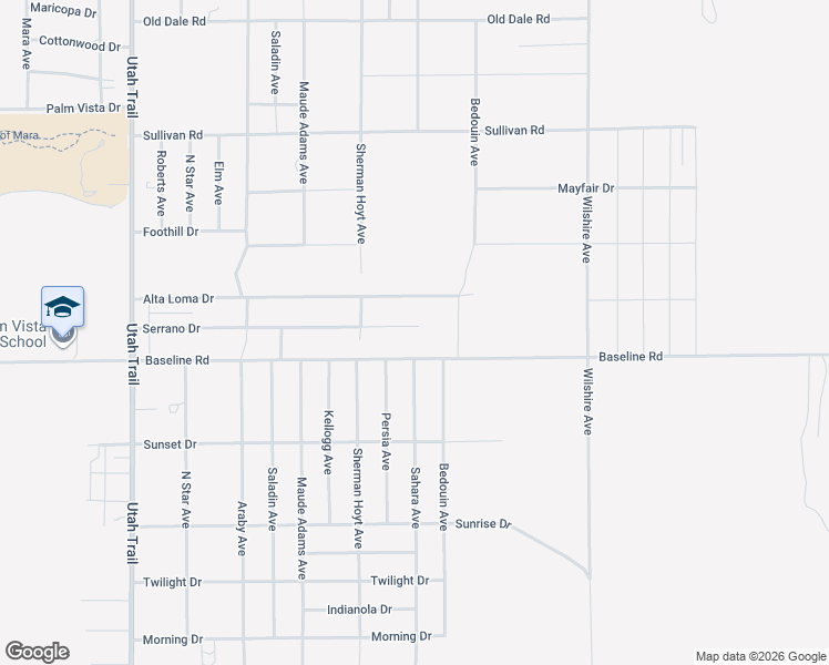 map of restaurants, bars, coffee shops, grocery stores, and more near 74993 Serrano Drive in Twentynine Palms