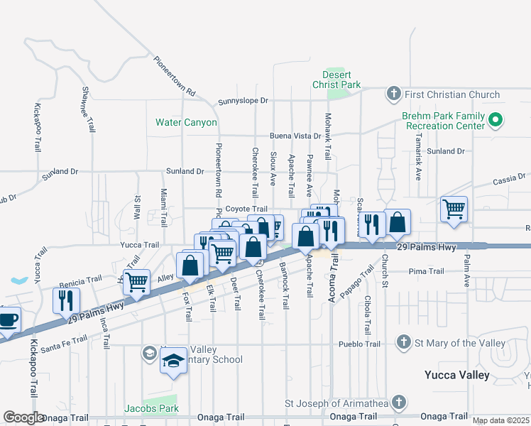 map of restaurants, bars, coffee shops, grocery stores, and more near 55931 Coyote Trail in Yucca Valley