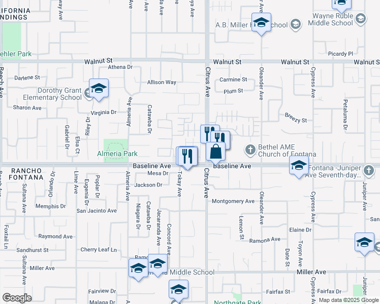 map of restaurants, bars, coffee shops, grocery stores, and more near Medley Ln in Fontana