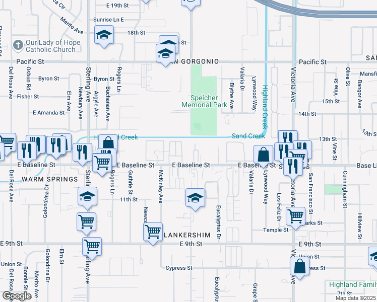 map of restaurants, bars, coffee shops, grocery stores, and more near 26038 East Baseline Street in San Bernardino