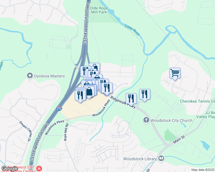 map of restaurants, bars, coffee shops, grocery stores, and more near 312 Vallejo Court in Woodstock