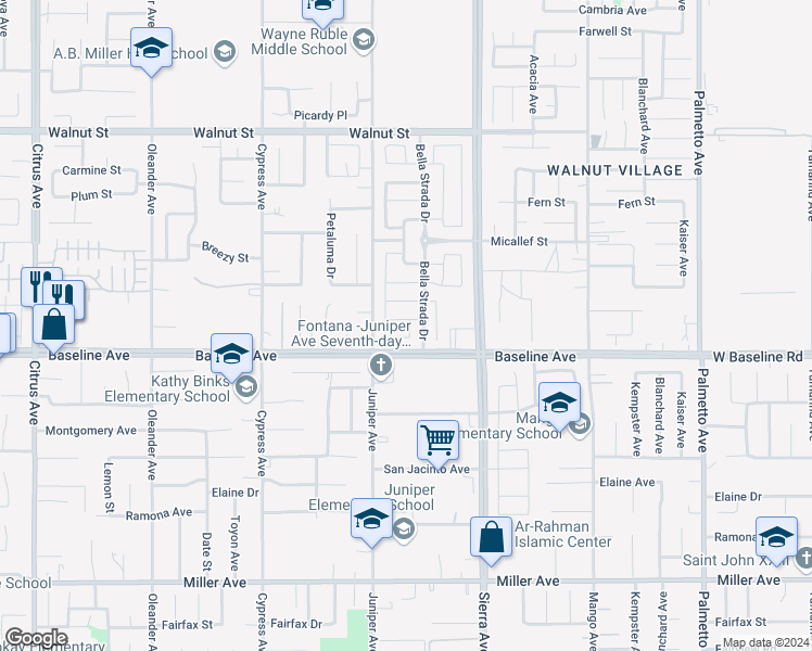 map of restaurants, bars, coffee shops, grocery stores, and more near 16759 Yellow Fern Lane in Fontana