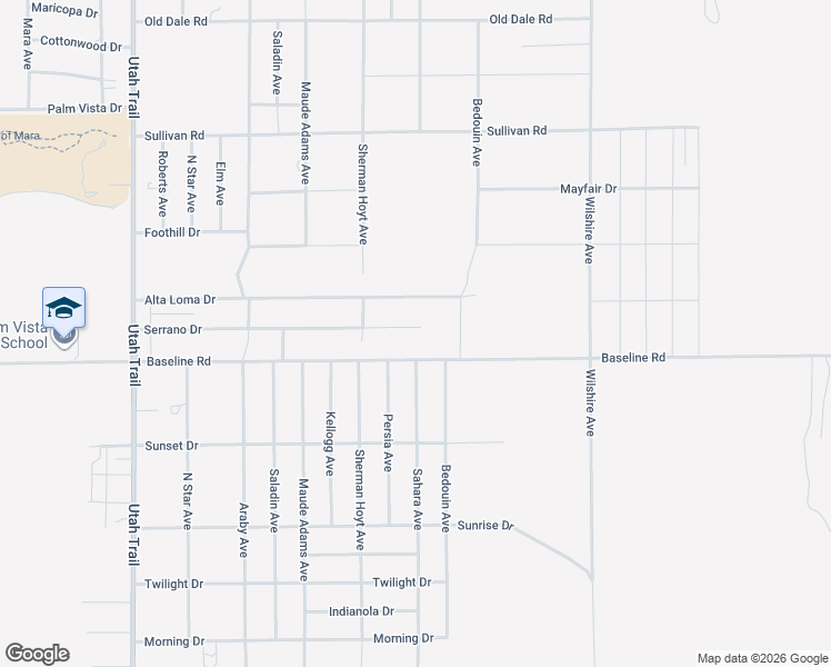 map of restaurants, bars, coffee shops, grocery stores, and more near 74993 Serrano Drive in Twentynine Palms