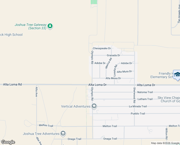 map of restaurants, bars, coffee shops, grocery stores, and more near 7202 Olympic Road in Joshua Tree