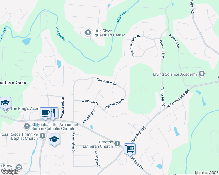 map of restaurants, bars, coffee shops, grocery stores, and more near 1004 Westminister Court in Woodstock