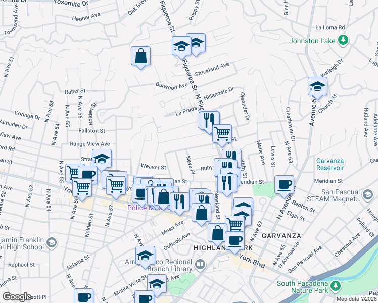 map of restaurants, bars, coffee shops, grocery stores, and more near 576 Neva Place in Los Angeles