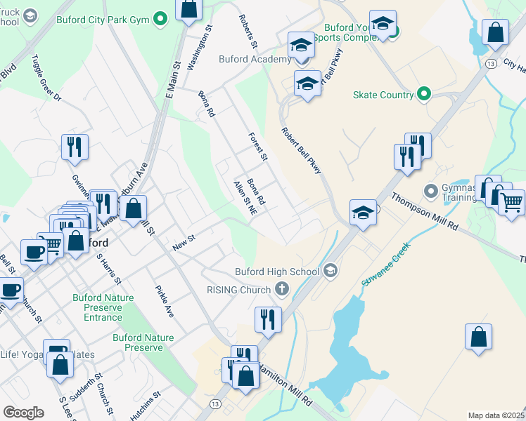 map of restaurants, bars, coffee shops, grocery stores, and more near 461 Silver Street Northeast in Buford