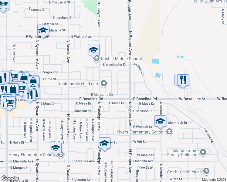 map of restaurants, bars, coffee shops, grocery stores, and more near 1241 North Chestnut Avenue in Rialto