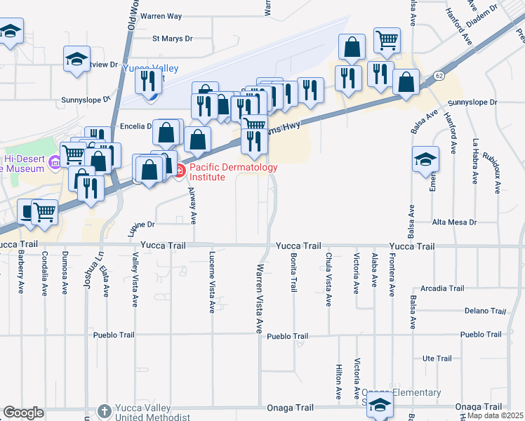 map of restaurants, bars, coffee shops, grocery stores, and more near 7221 Murray Lane in Yucca Valley