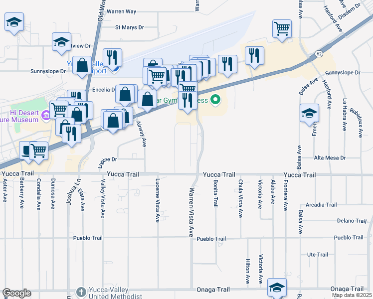 map of restaurants, bars, coffee shops, grocery stores, and more near 7222 Murray Lane in Yucca Valley